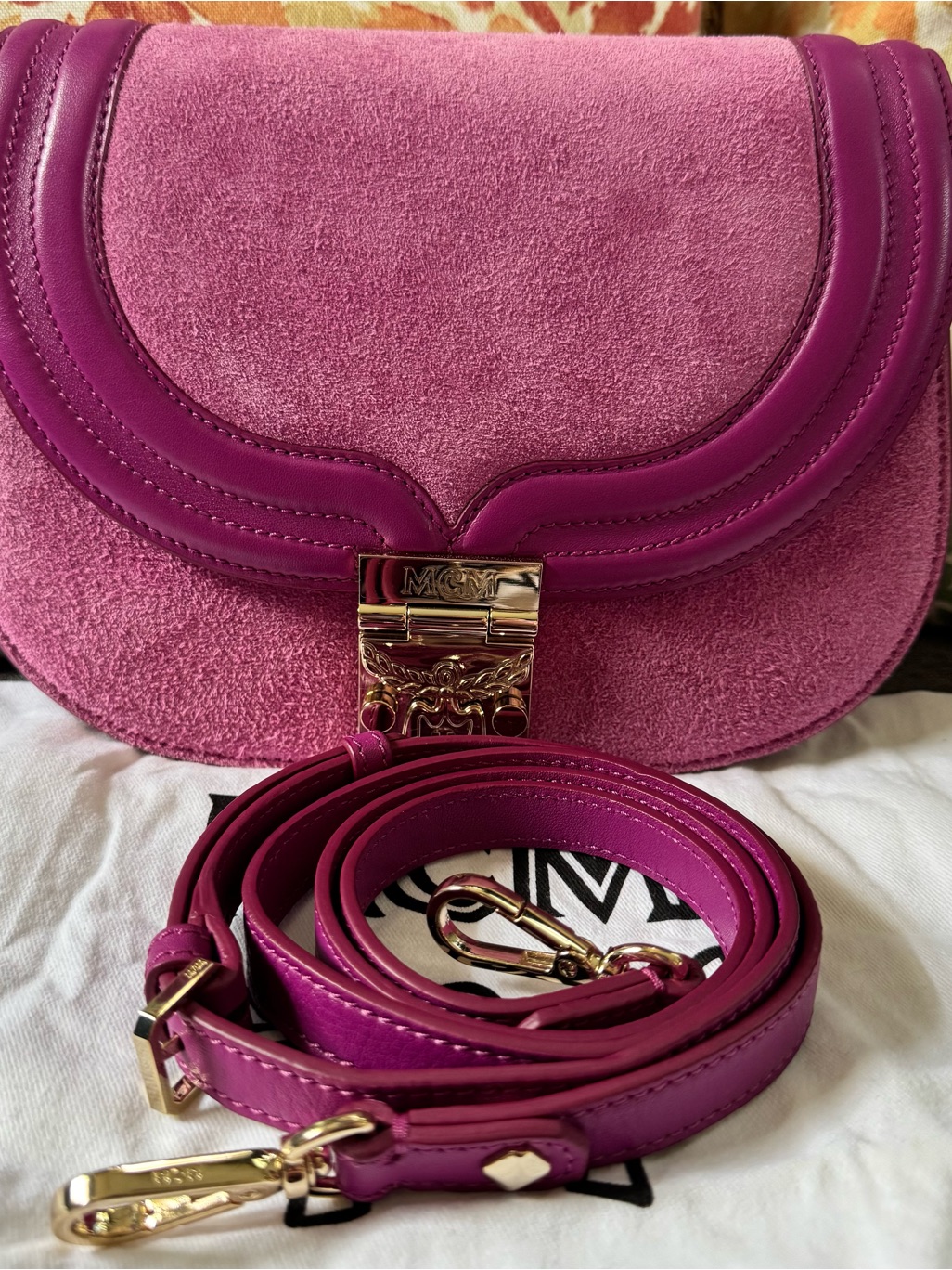 Mcm Trisha Suede Viva Lilac Lea Crossbody With Gold Hardware
